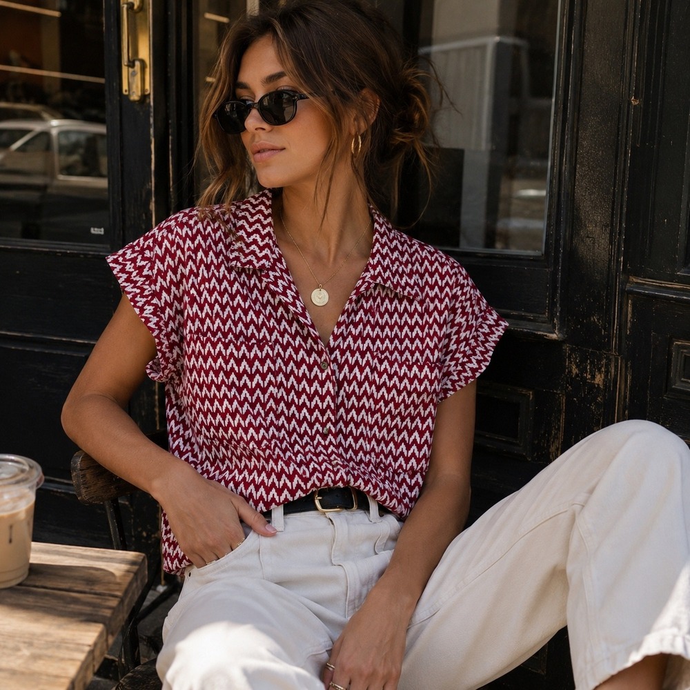Jachs Girlfriend New York Red White Geometric Button Down Short Sleeve Shirt